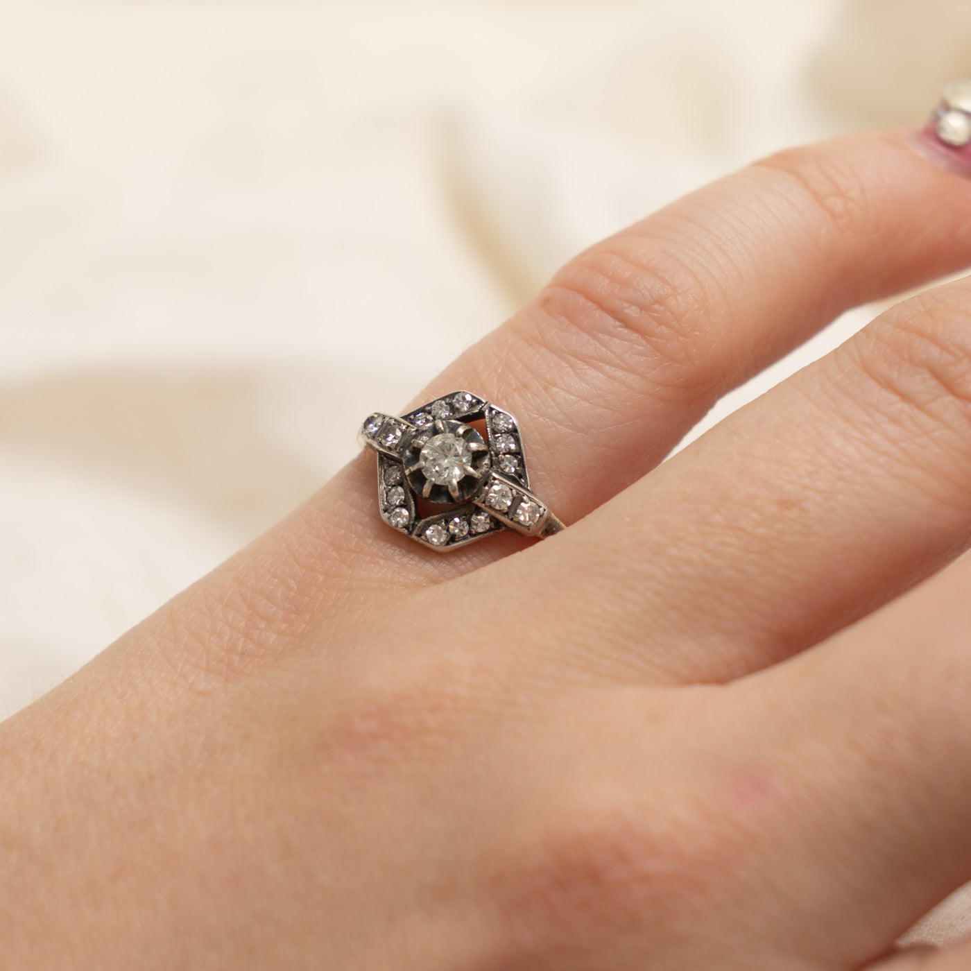Art Deco 14k Silver Top Diamond Geometric Ring | 0.17ct, 0.20ctw | SZ 6