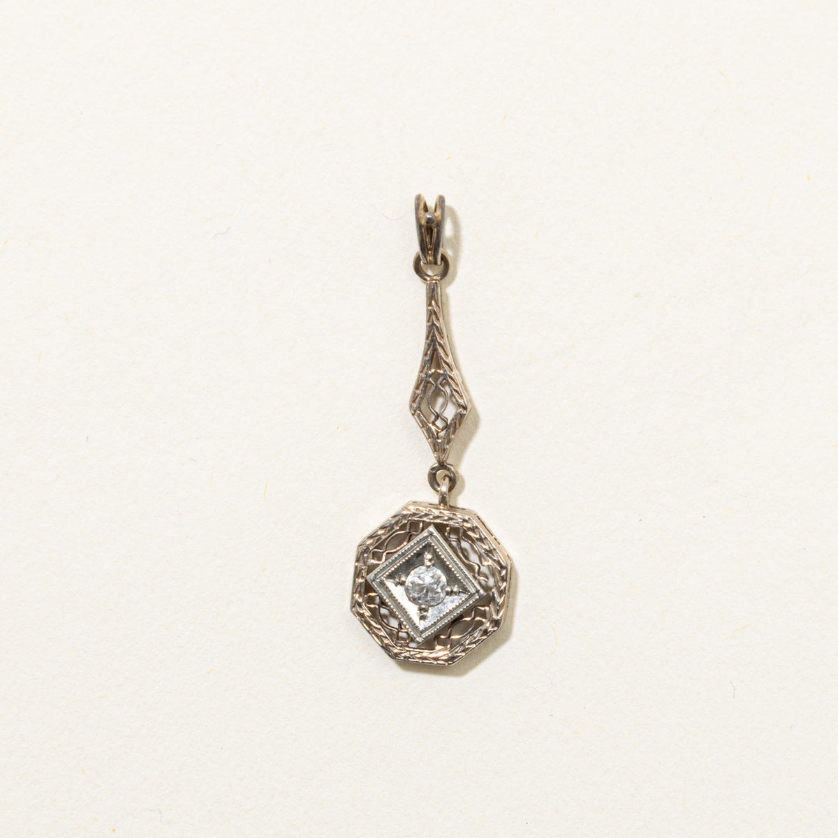 Art Deco 14k Yellow & White Gold Old Mine Diamond Drop Pendant | 0.06ct