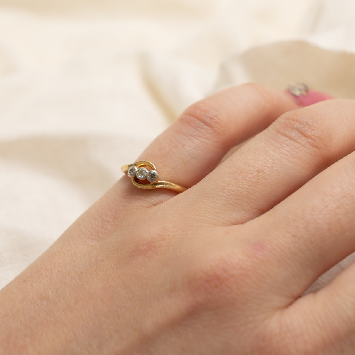 18k Three Stone Old Mine Cut Yellow Diamond Bypass Ring | 0.04ctw | SZ 4.75