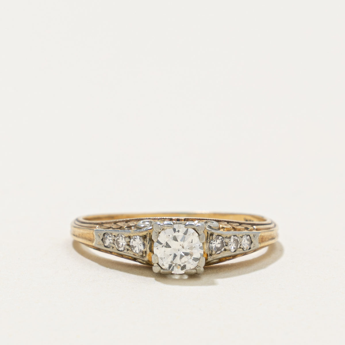 Early Art Deco 14k & 18k Transitional Cut Diamond Ring | 0.27ct, 0.06ct | SZ 5.25