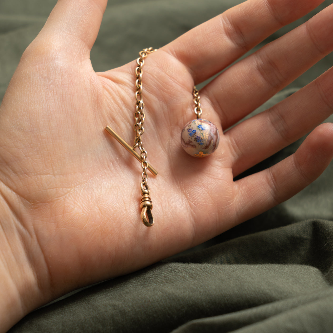 Mid-Century 14k Hand-Painted Enamel Cherub & Floral Globe Fob Charm | 6"
