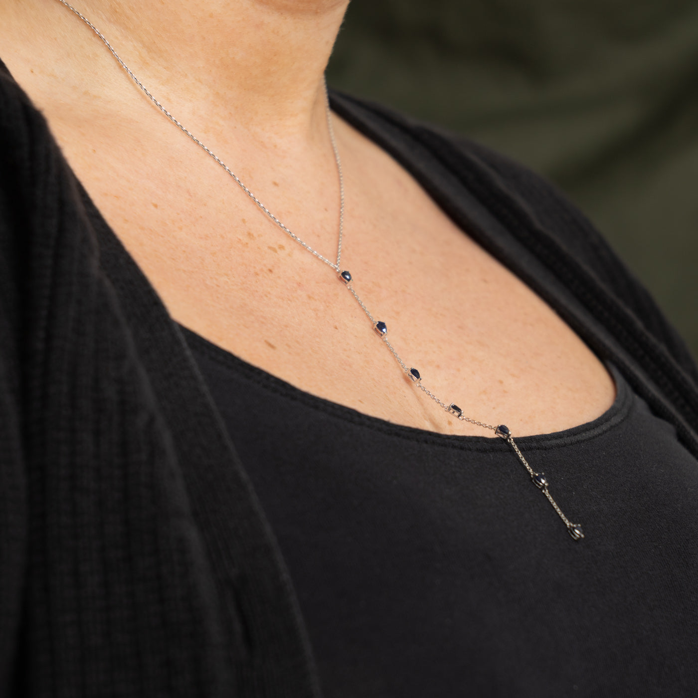 14k Pear Cut Sapphire Lariat Necklace | 1.15ctw | 17" + 4" Drop