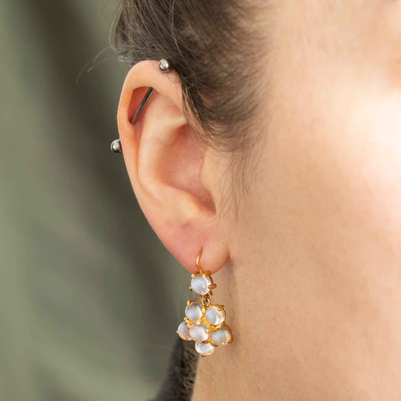 Mid-Century 9k Moonstone Floral Cluster Drop Earrings | 14.00ctw