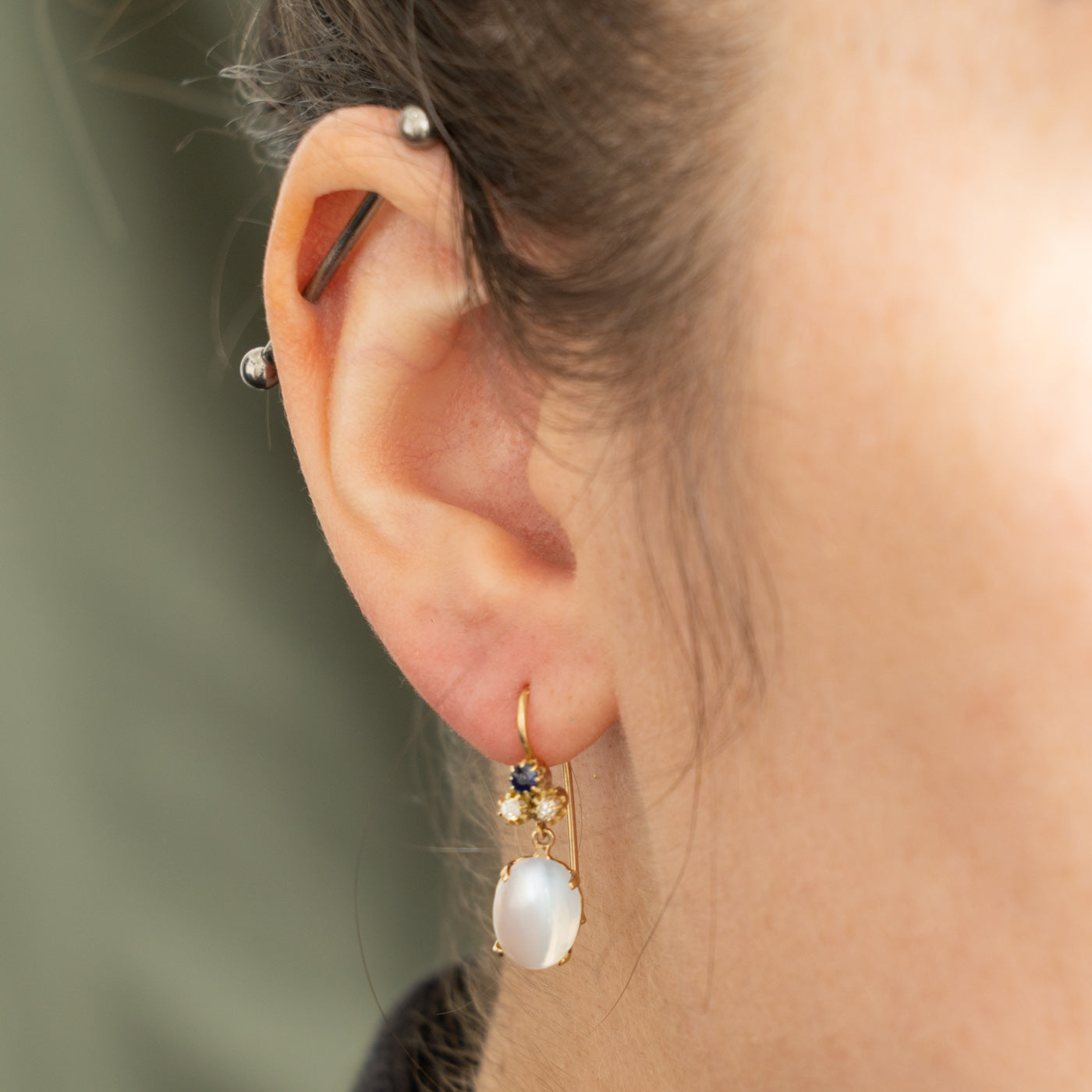 Edwardian 14k Moonstone Antique Cushion Sapphire & Old Mine Diamond Drop Earrings | 5.50ctw, 0.15ctw, 0.12ctw