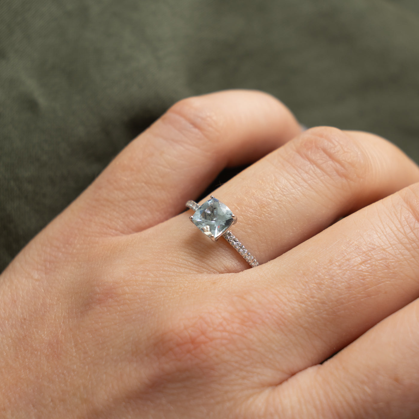 18k Cushion Cut Aquamarine & Diamond Accented Ring | 0.75ct, 0.05ctw | SZ 7