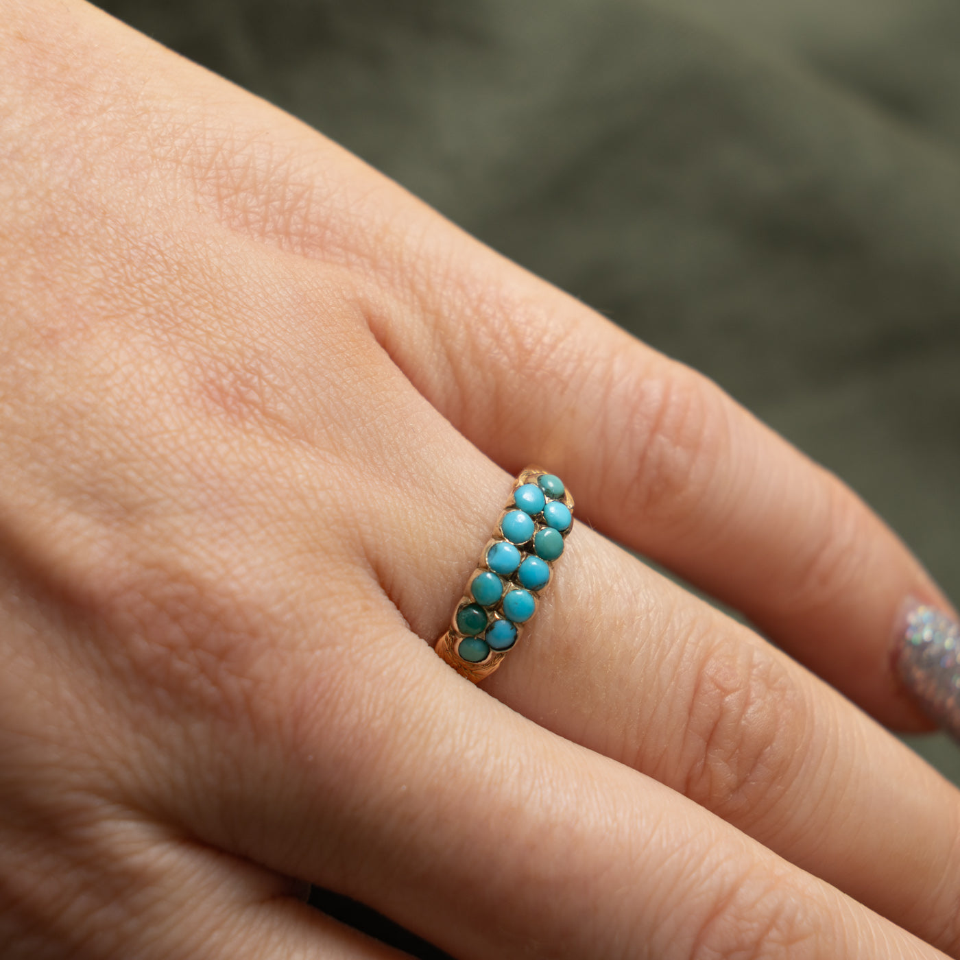Edwardian 14k Closed Back Turquoise Double Row Boat Ring | 0.60ctw | SZ 6.75