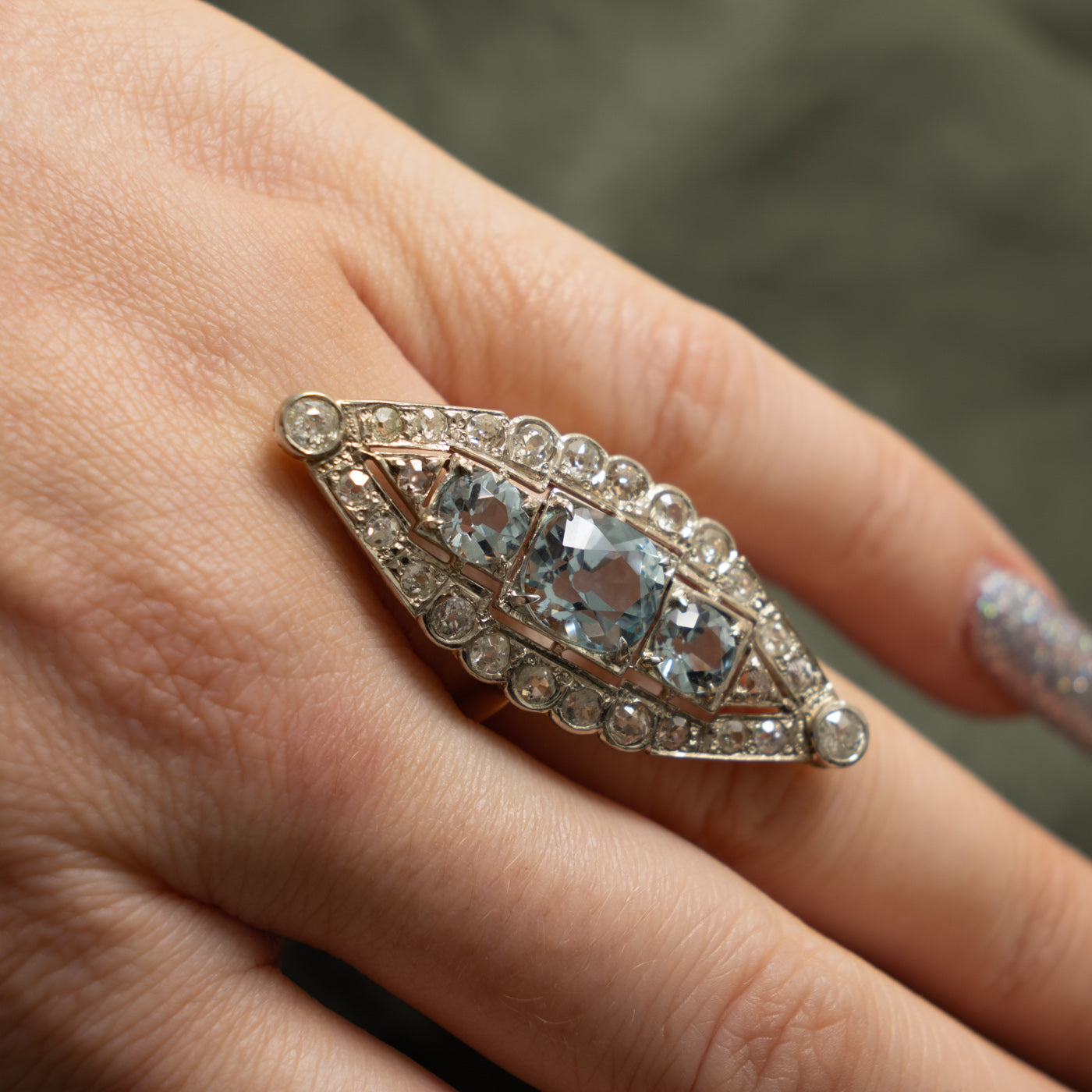Art Deco 14k Aquamarine Old European & Antique Cut Diamond Navette Ring | 1.70ctw, 4.20ctw | SZ 7.25