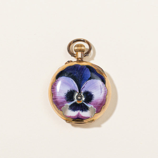 Antique Swiss Hand Painted Pansy & Diamond Pocket Watch | 0.02ct |