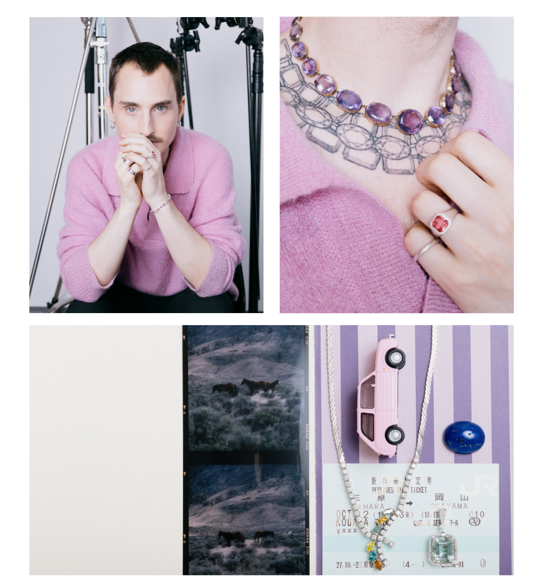 A four-panel collage featuring a person in a pink sweater, a close-up of a chunky silver-toned necklace with purple stones, jewelry laid out on a striped surface with a small pink toy car and blue gemstone