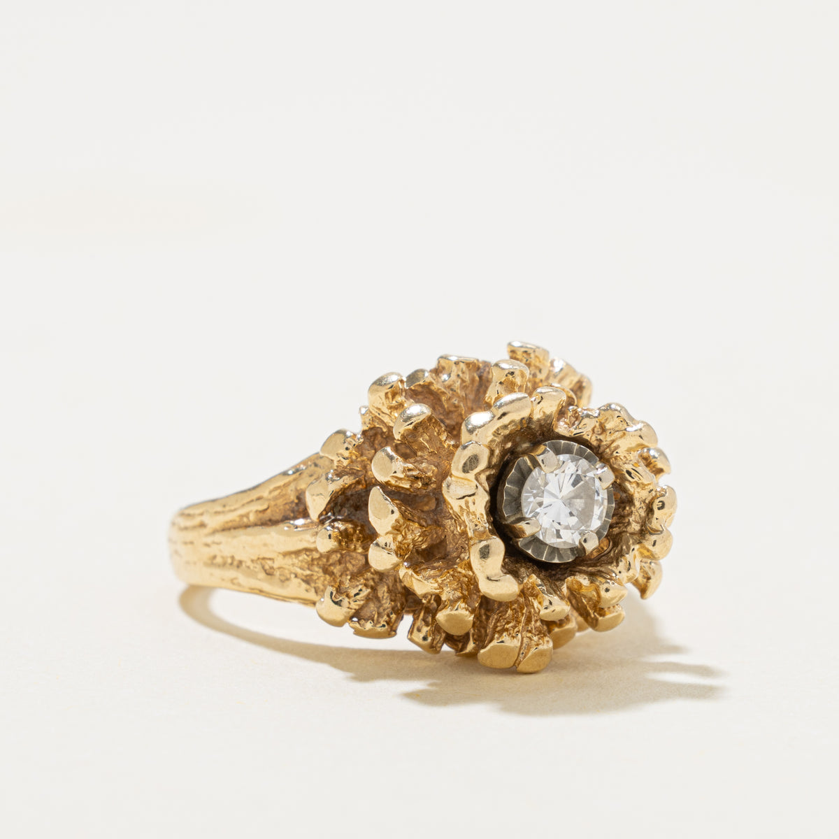 14k Solitaire Diamond Textured Floral Cocktail Ring | 0.20ct | SZ 6.75