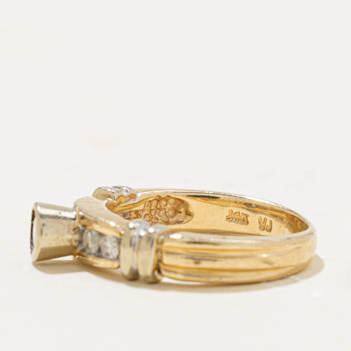 14k Bezel Set Diamond Accented Grooved Ring | 0.25ctw | SZ 5