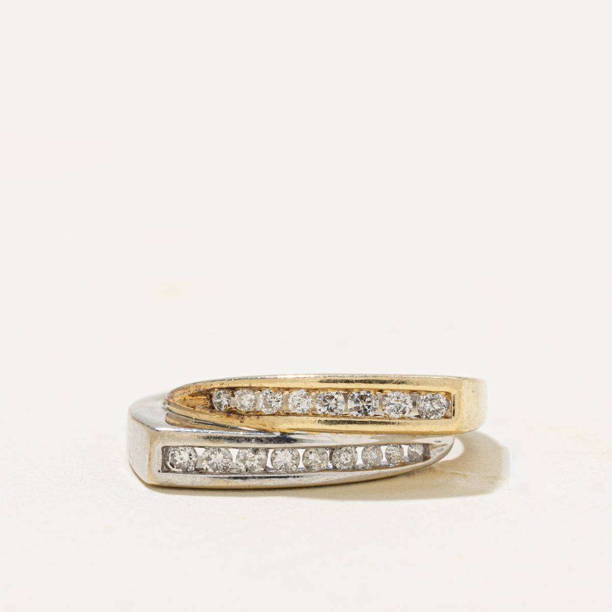 14k Two Tone Double Row Diamond Grooved Bypass Ring | 0.65ctw | SZ 5.5