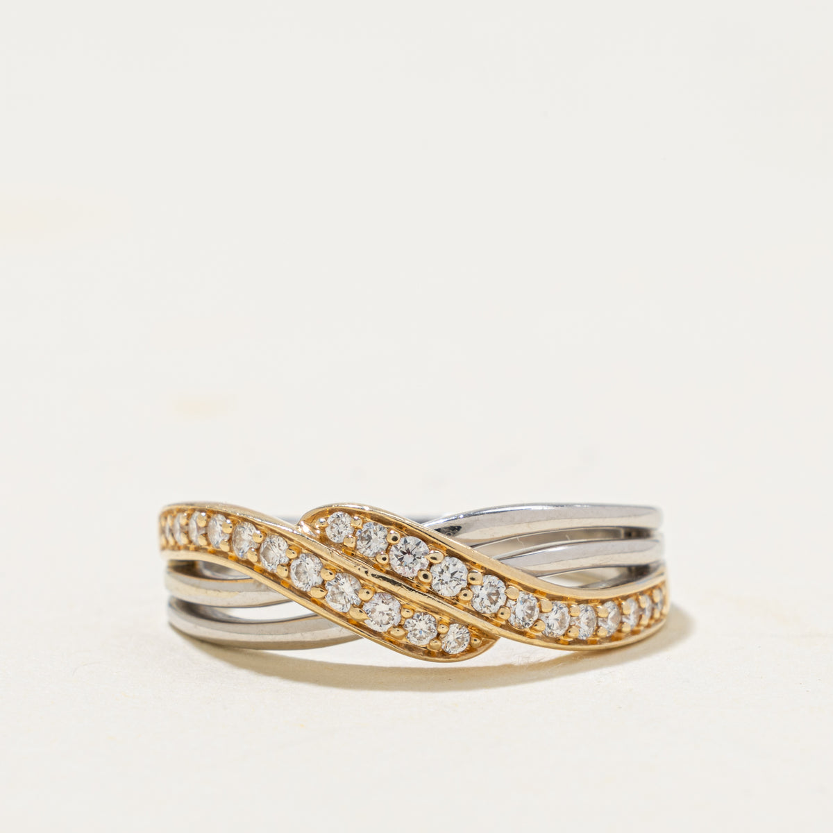 14k Two Tone Pave Set Diamond Wave Crossover Ring | 0.20ctw | SZ 6.75