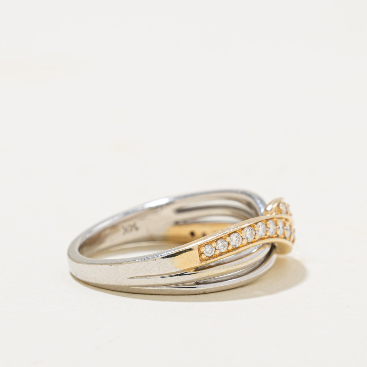 14k Two Tone Pave Set Diamond Wave Crossover Ring | 0.20ctw | SZ 6.75