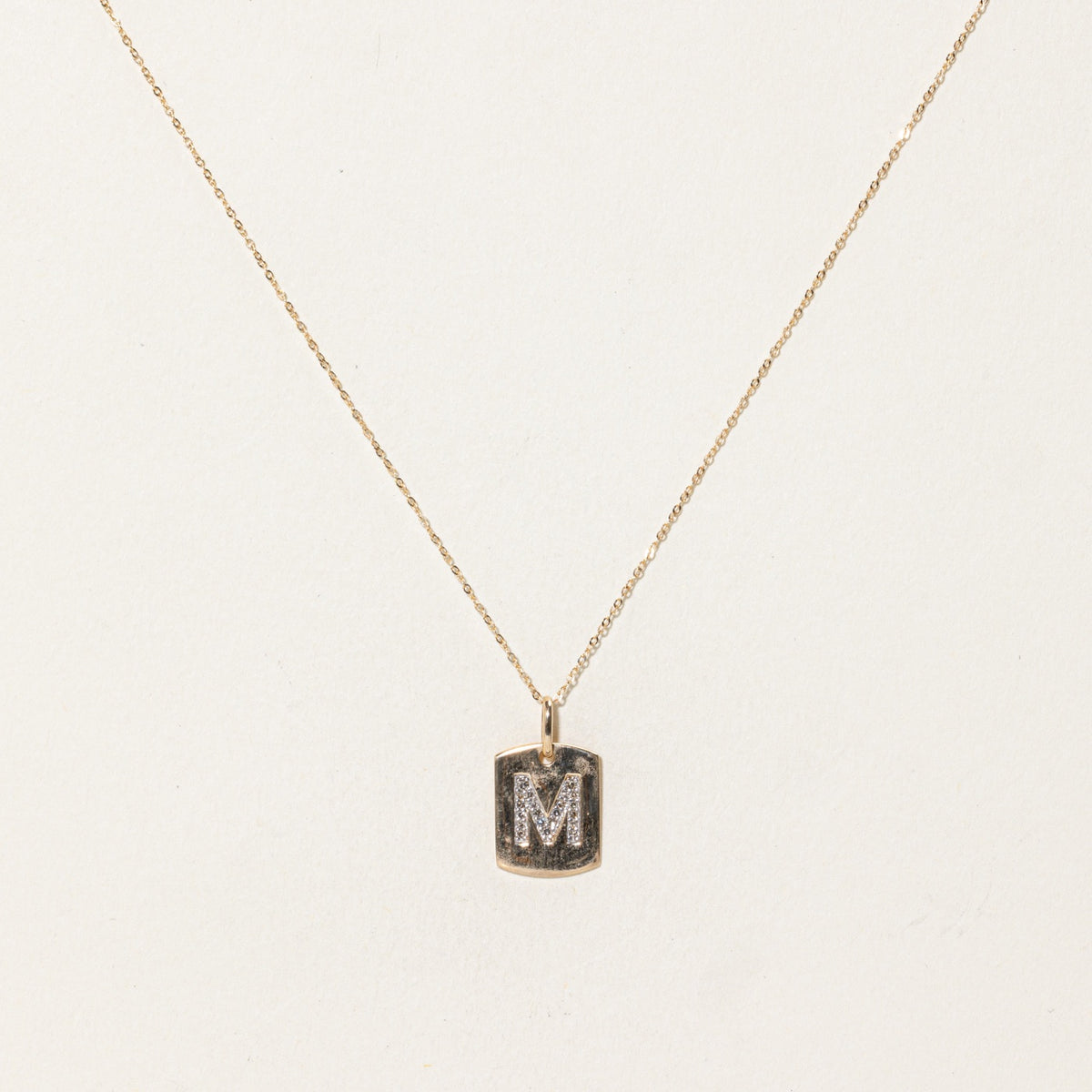 10k Diamond “M” Initial Tag Pendant Necklace | 17"
