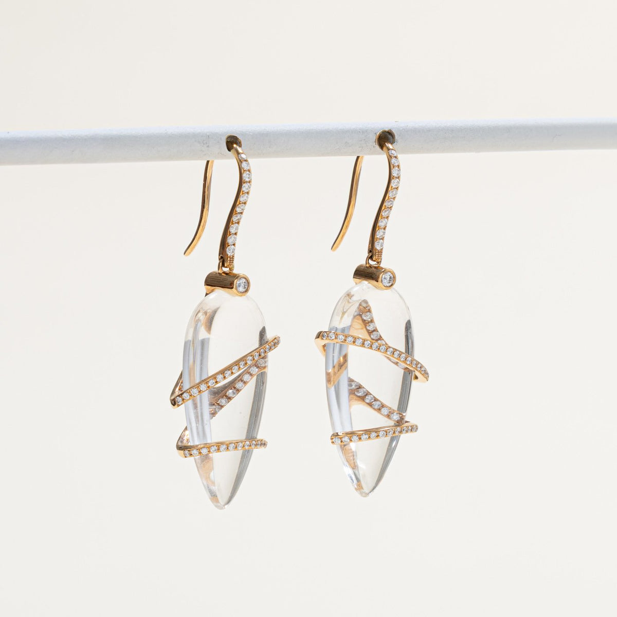 18k Pear Cut Quartz & Diamond Drop Earrings | 17.80ctw, 0.54ctw