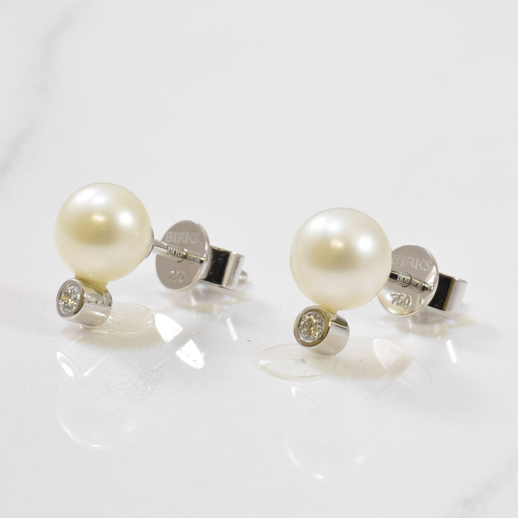 'Birks' Pearl & Diamond Stud Earrings | 4.00ctw, 0.06ctw | - 100 Ways