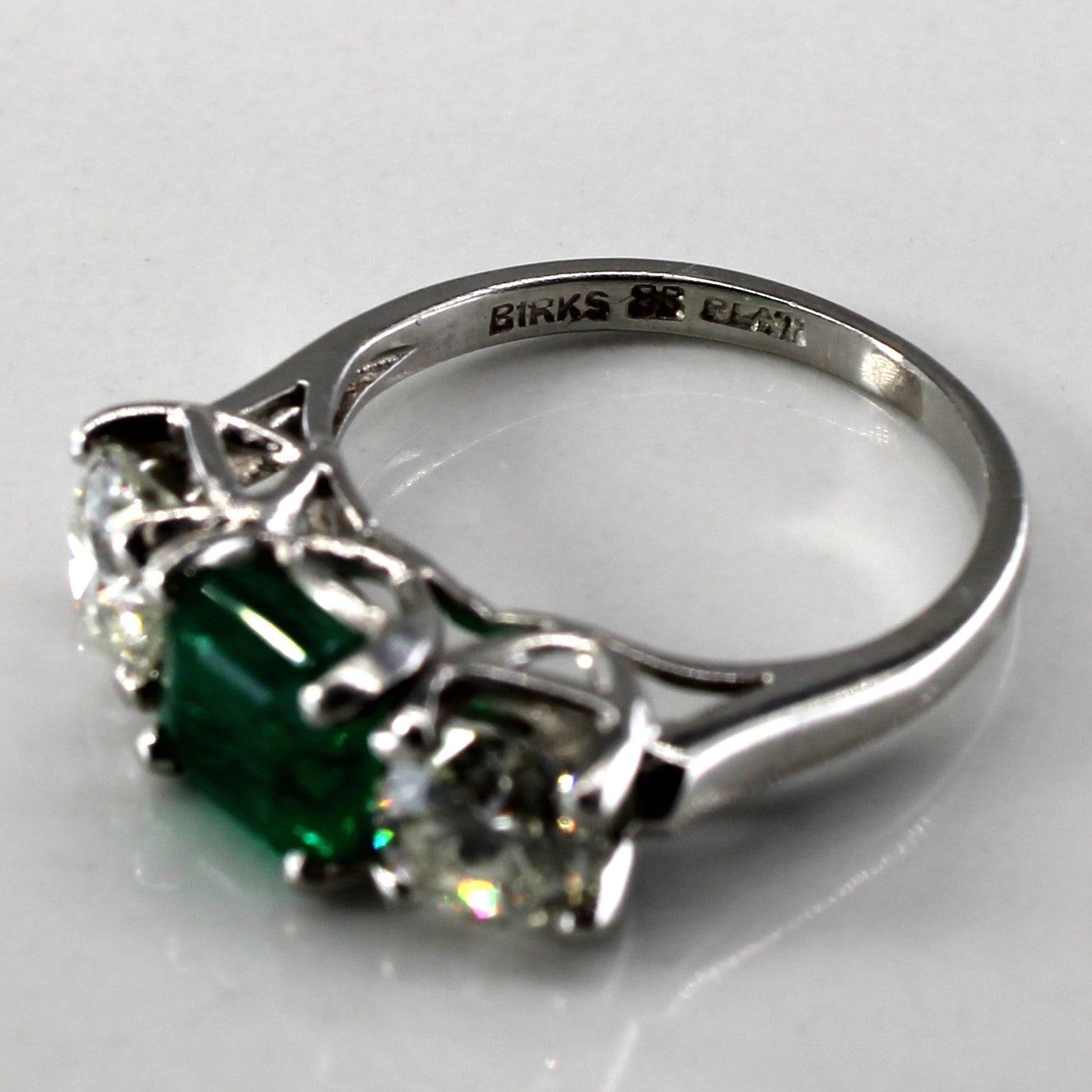 'Birks' Three Stone Emerald & Diamond Platinum Ring | 1.25ct | 1.20ctw | SZ 4.5 | - 100 Ways