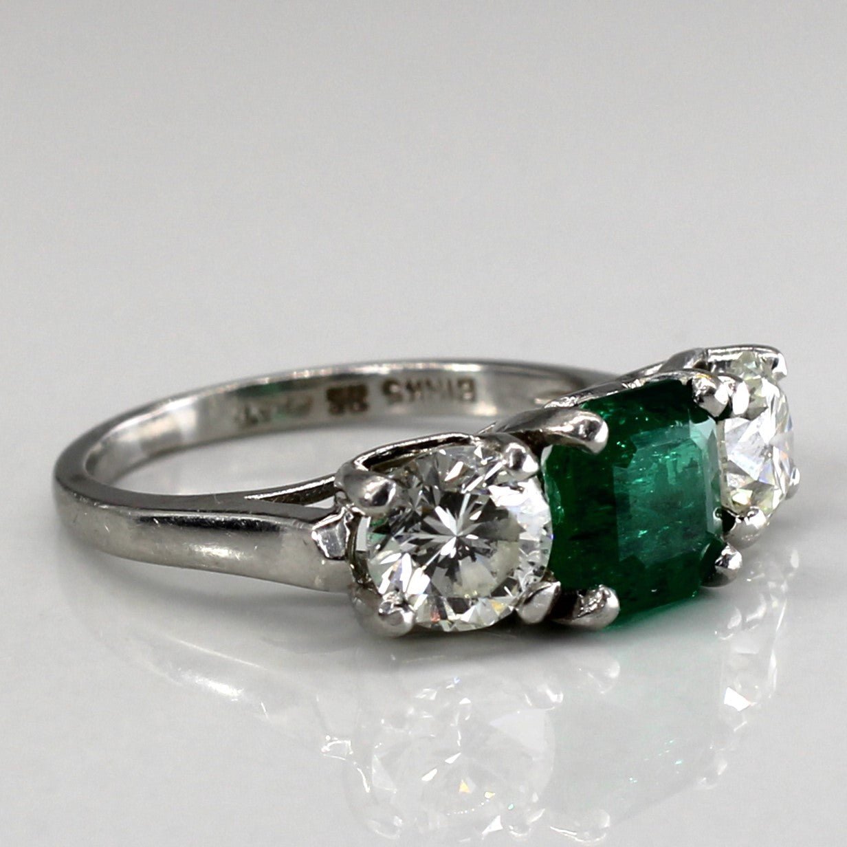 'Birks' Three Stone Emerald & Diamond Platinum Ring | 1.25ct | 1.20ctw | SZ 4.5 | - 100 Ways