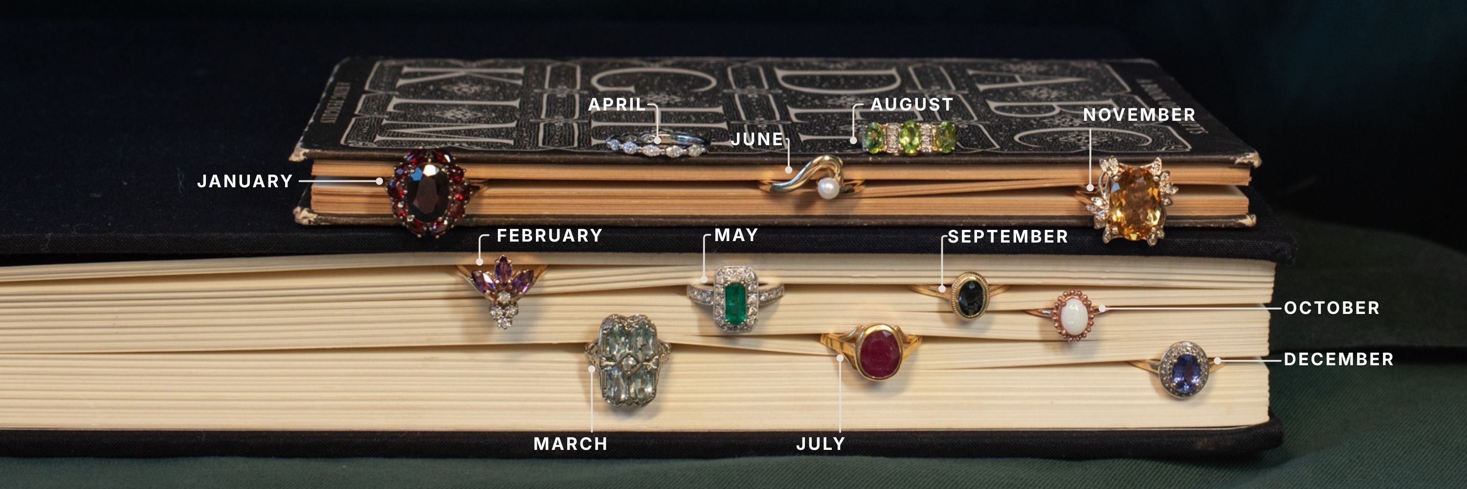 selection of rings styled in vintage books on dark background. one ring for each month's birthstone, labelled with sans serif months.