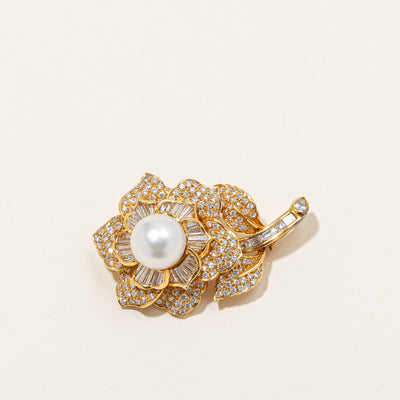 South Sea Pearl & Diamond Flower Brooch |13mm Pearl, 7.62ctw Diamonds | VS G/H