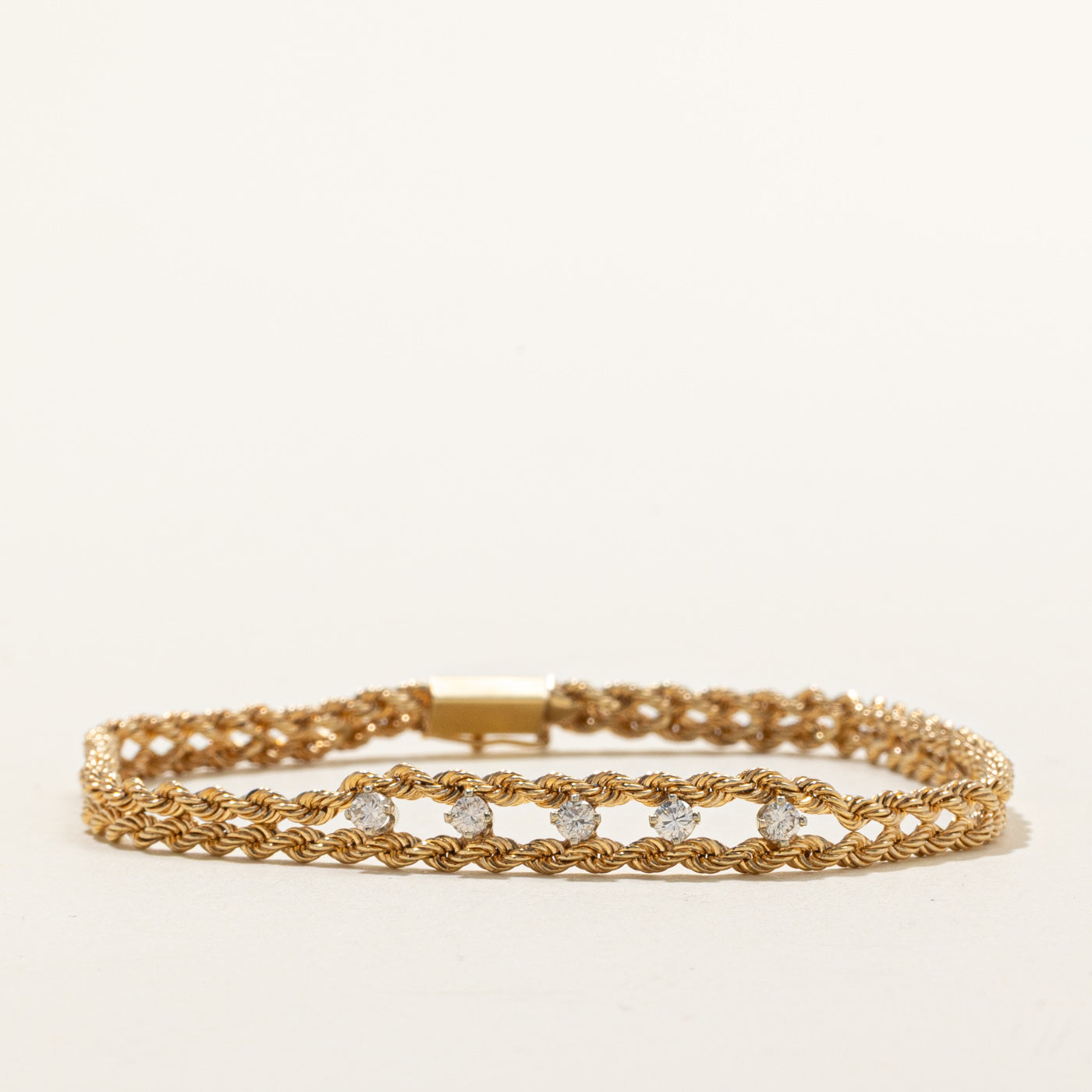 14K Five Stone Diamond Rope Chain Bracelet | 0.25ctw | 7"