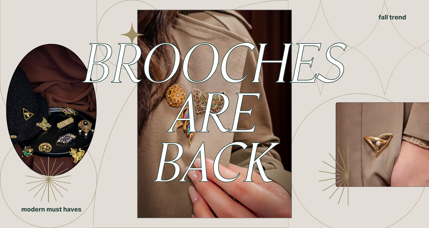 Vintage, stylish brooch and pin fashion accessories. Text reads: Brooches are back