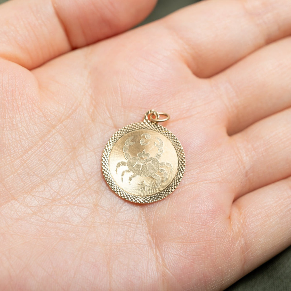 14k Yellow Gold Diamond-Cut Cancer Star Zodiac Circle Pendant