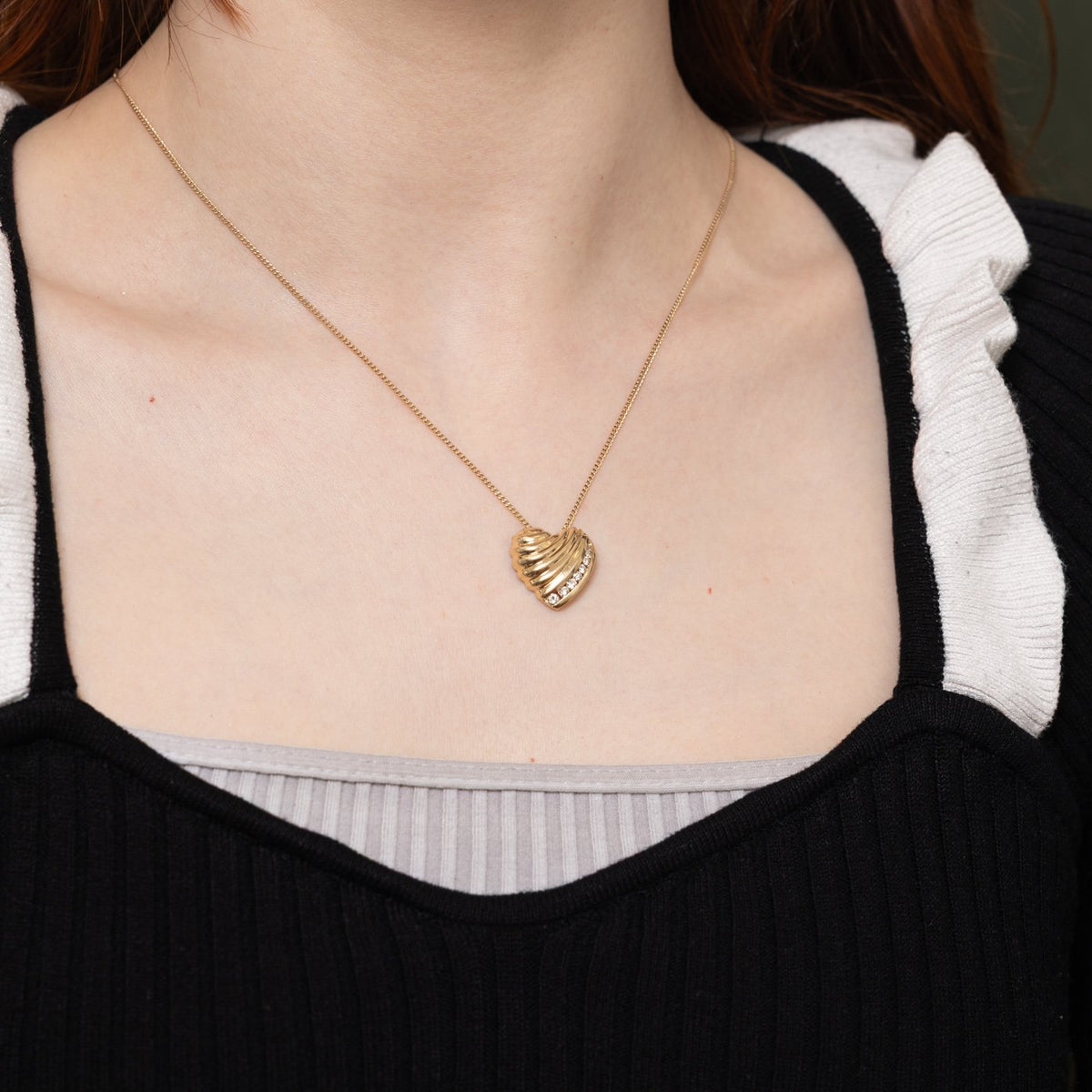 14k Diamond Accented Grooved Puffed Heart Pendant | 0.26ctw