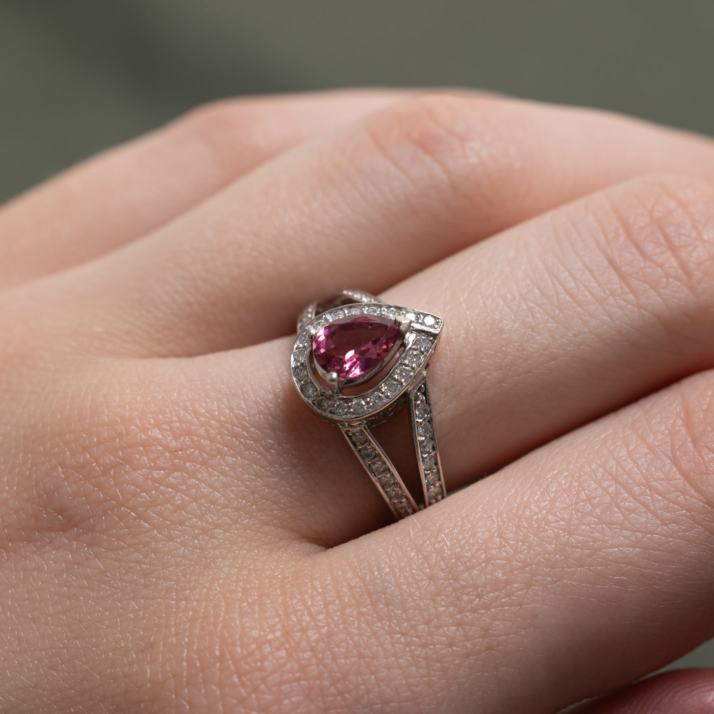 Pear Cut Pink Tourmaline & Diamond Halo Ring | 0.75ct, 0.24ctw | SZ 6.5