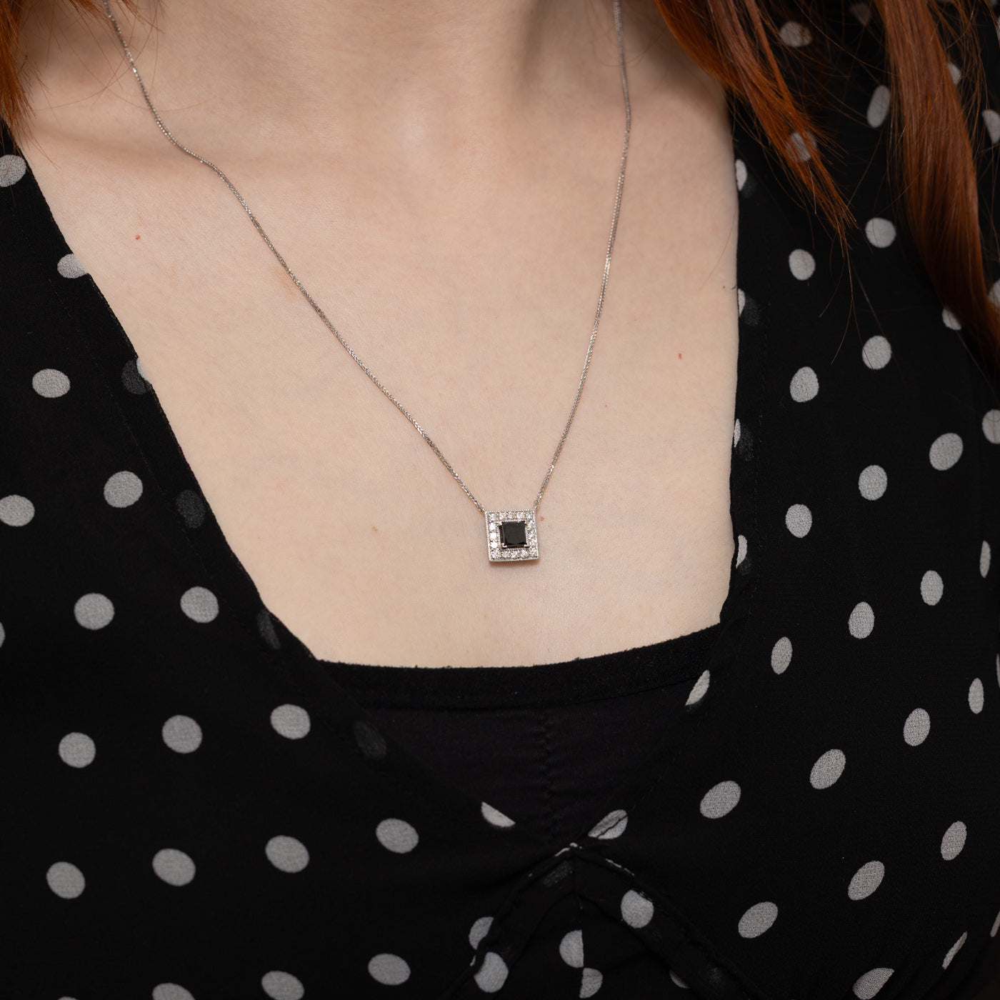 Princess Cut Black Diamond Halo Pendant Necklace | 0.95ct, 0.32ctw | 20"
