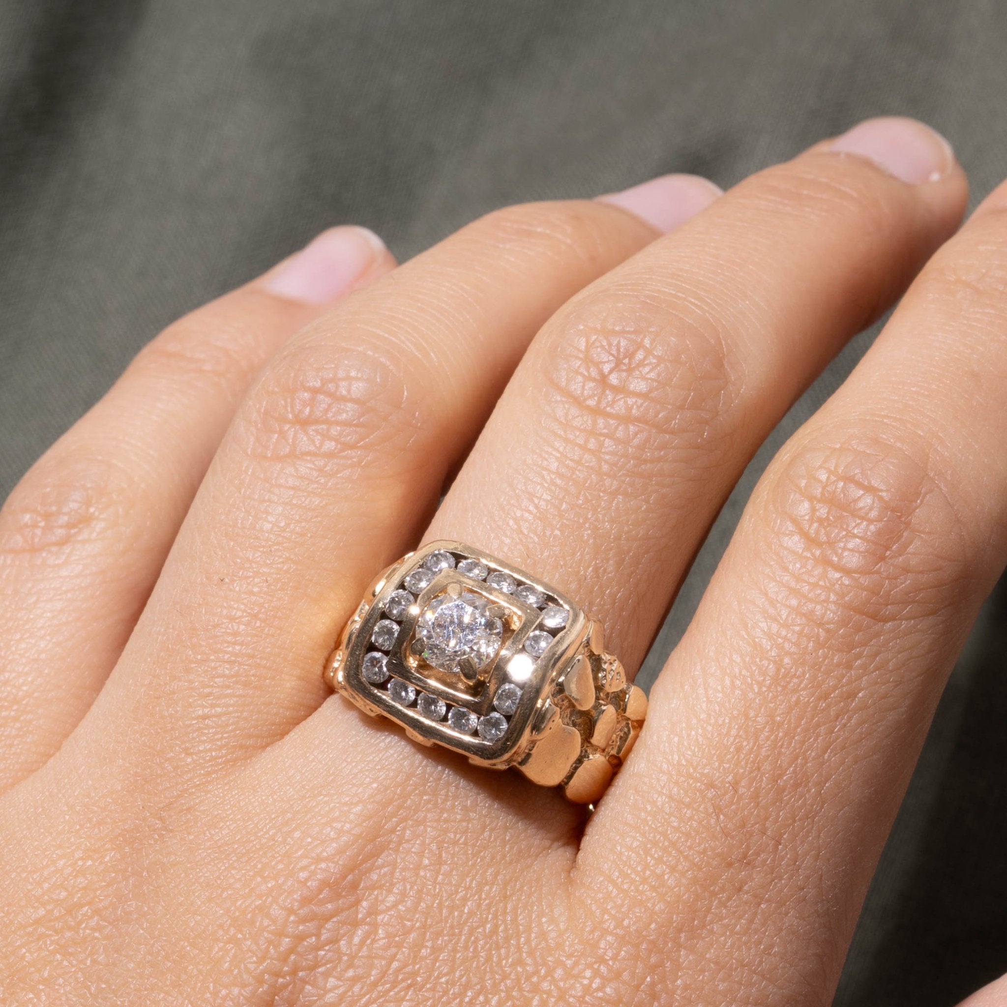 14k Diamond Halo Faux Nuggety Ring | 1.38ctw | SZ 13