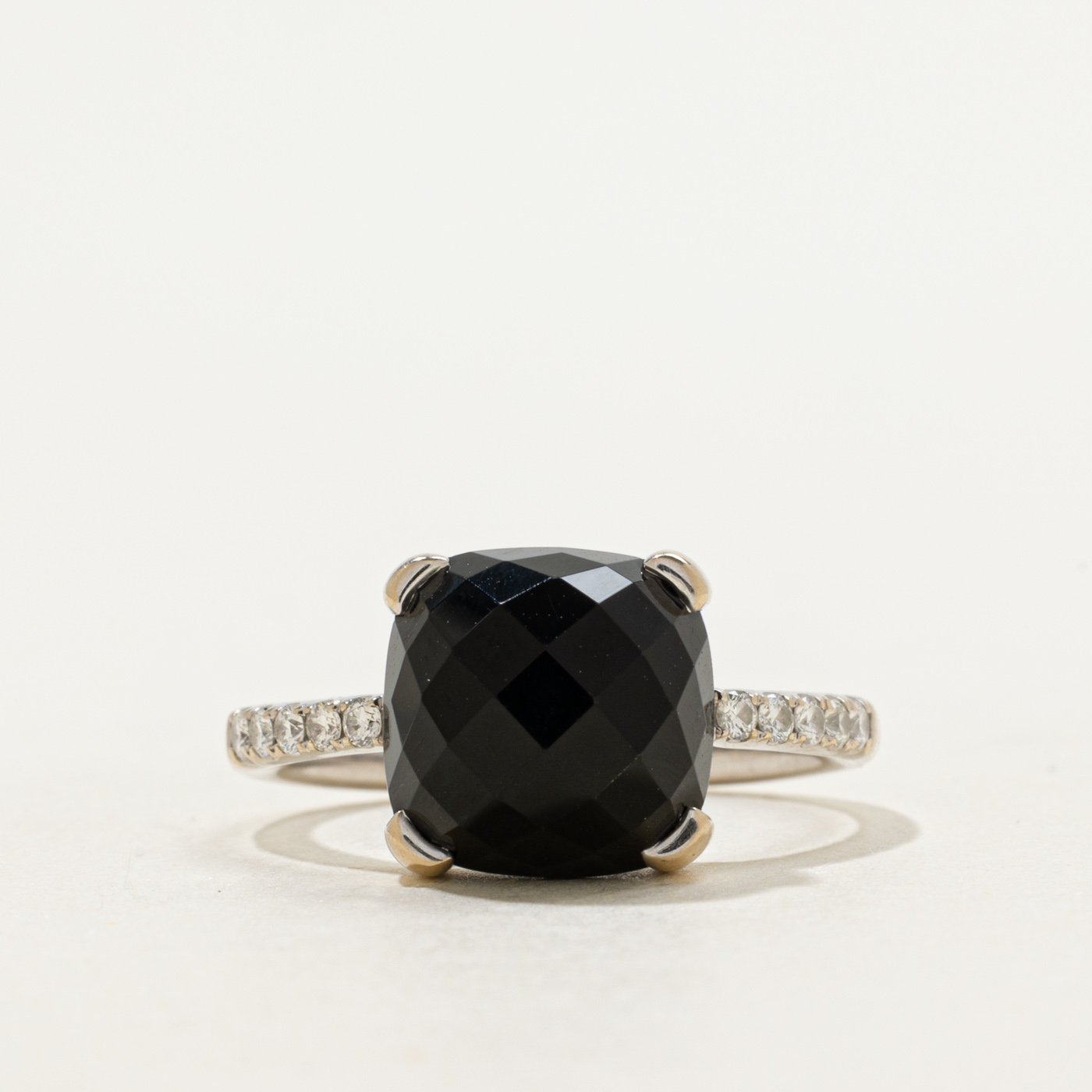 14K Ring with Diamond Accents with Checkerboard Cabochon Onyx