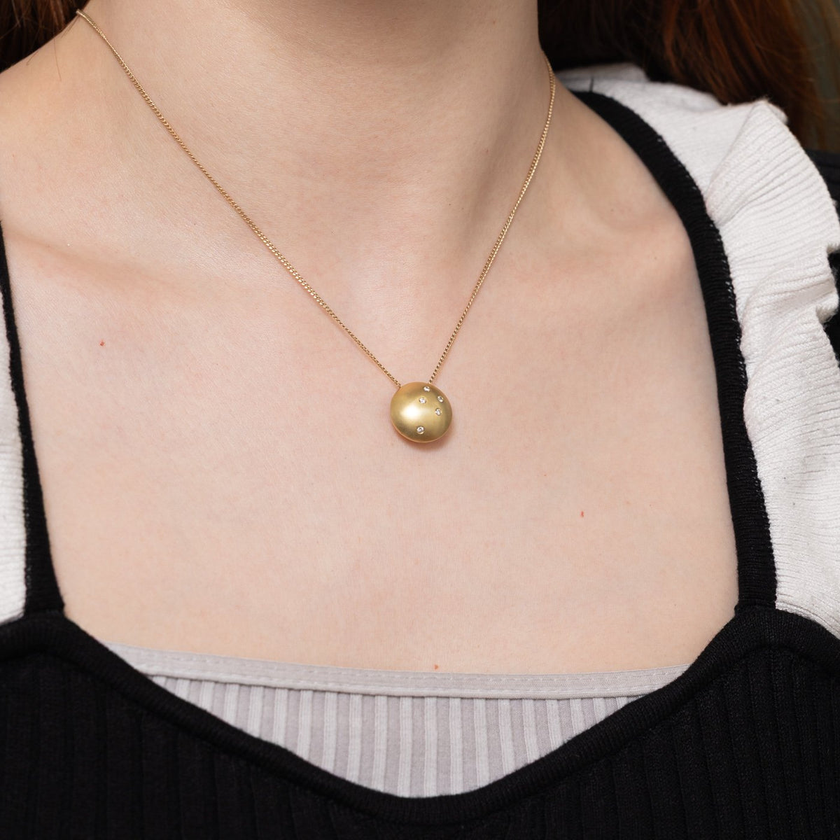 18k Scattered Diamond Matte Puffed Round Pendant | 0.08ctw