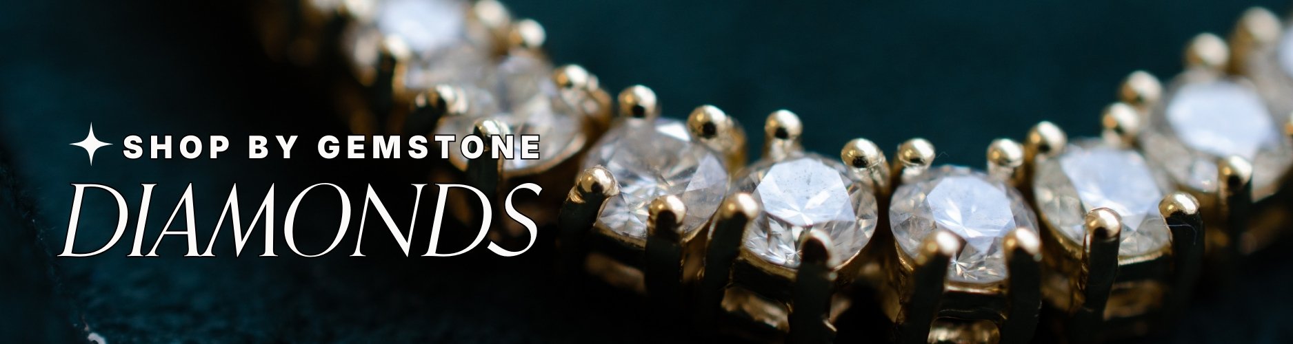 Diamond bracelet with gold setting on a dark background, text overlay reads 'Shop by Gemstone: Diamonds'.