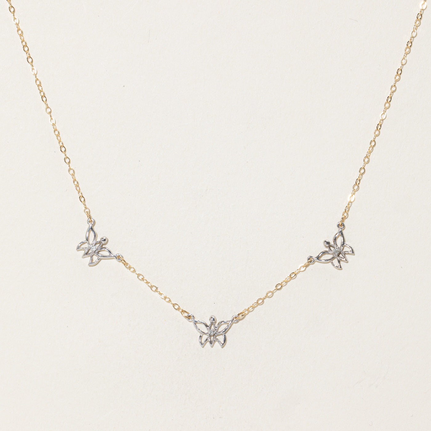 14k Two Tone Diamond Satellite Butterfly Pendant Necklace | 15"