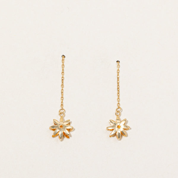 18k Yellow Gold Drop Flower Threaded Drop Earrings