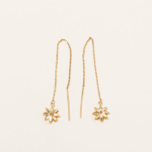 18k Yellow Gold Drop Flower Threaded Drop Earrings