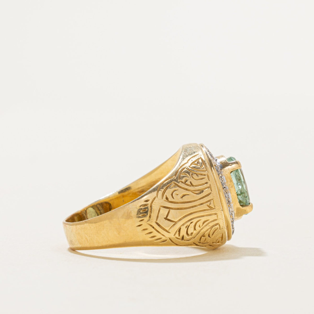 18k Emerald & Diamond Halo Engraved Signet Ring | 2.22ct, 0.32ctw | SZ 11.25