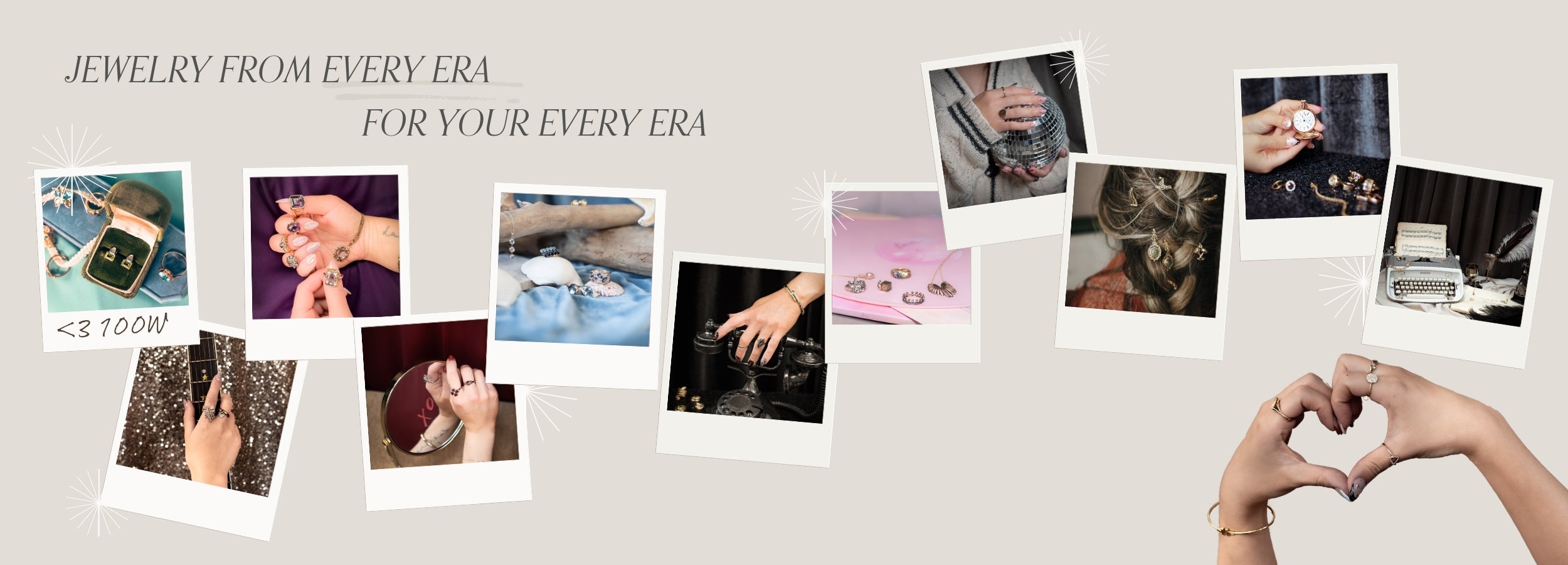 collection of polaroid framed photographs of vintage jewellery styled for every era, inspired by taylor swift eras. hands together in a heart in bottom corner of graphic.  text over that reads 'jewelry from every era for your every era'