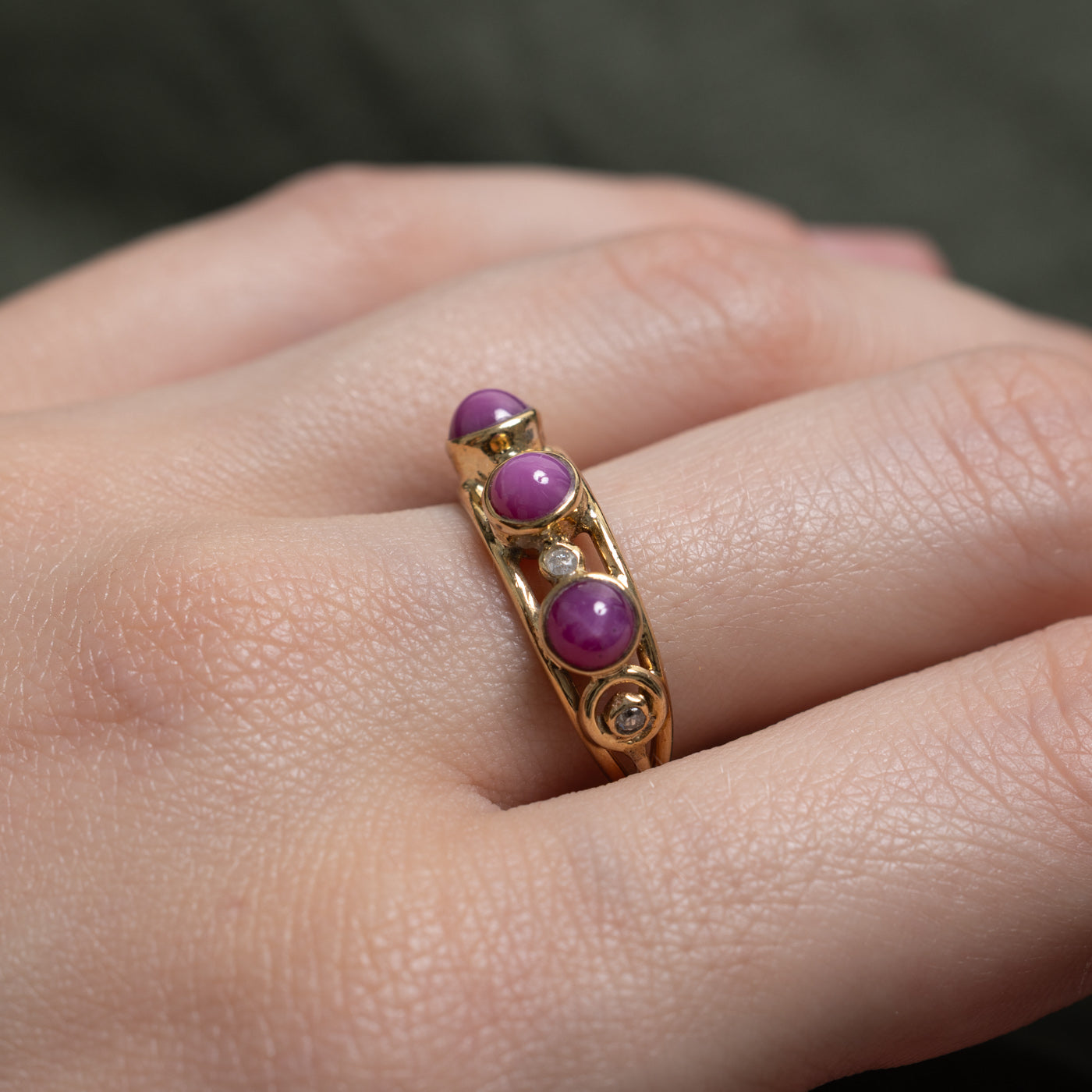 9k Three Stone Synthetic Sapphire & Diamond Openwork Ring | 1.50ctw, 0.06ctw | SZ 7