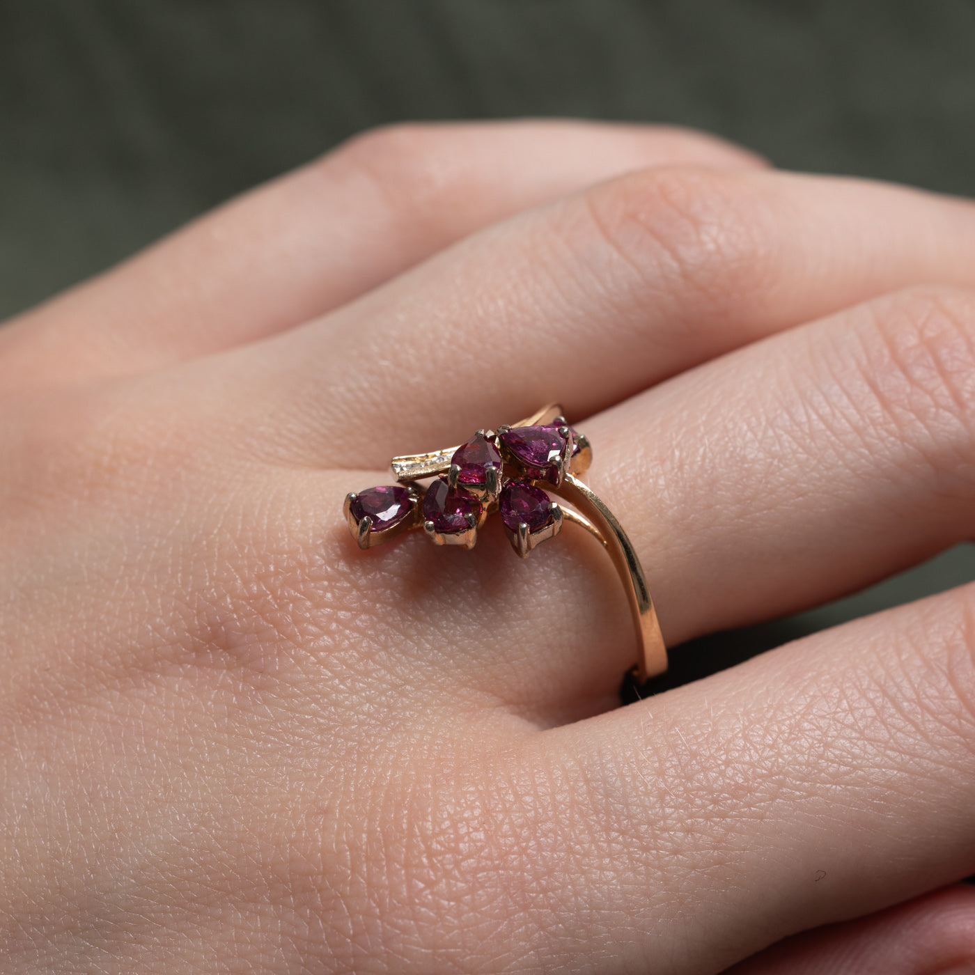14k Pear Cut Ruby & Diamond Cluster Waterfall Chevron Ring | 1.20ctw, 0.04ctw | SZ 7