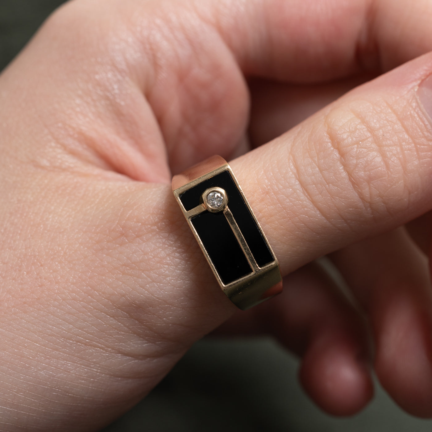 10k Bezel Set Onyx & Diamond Geometric Signet Ring | 1.25ct, 0.05ctw | SZ 9.5