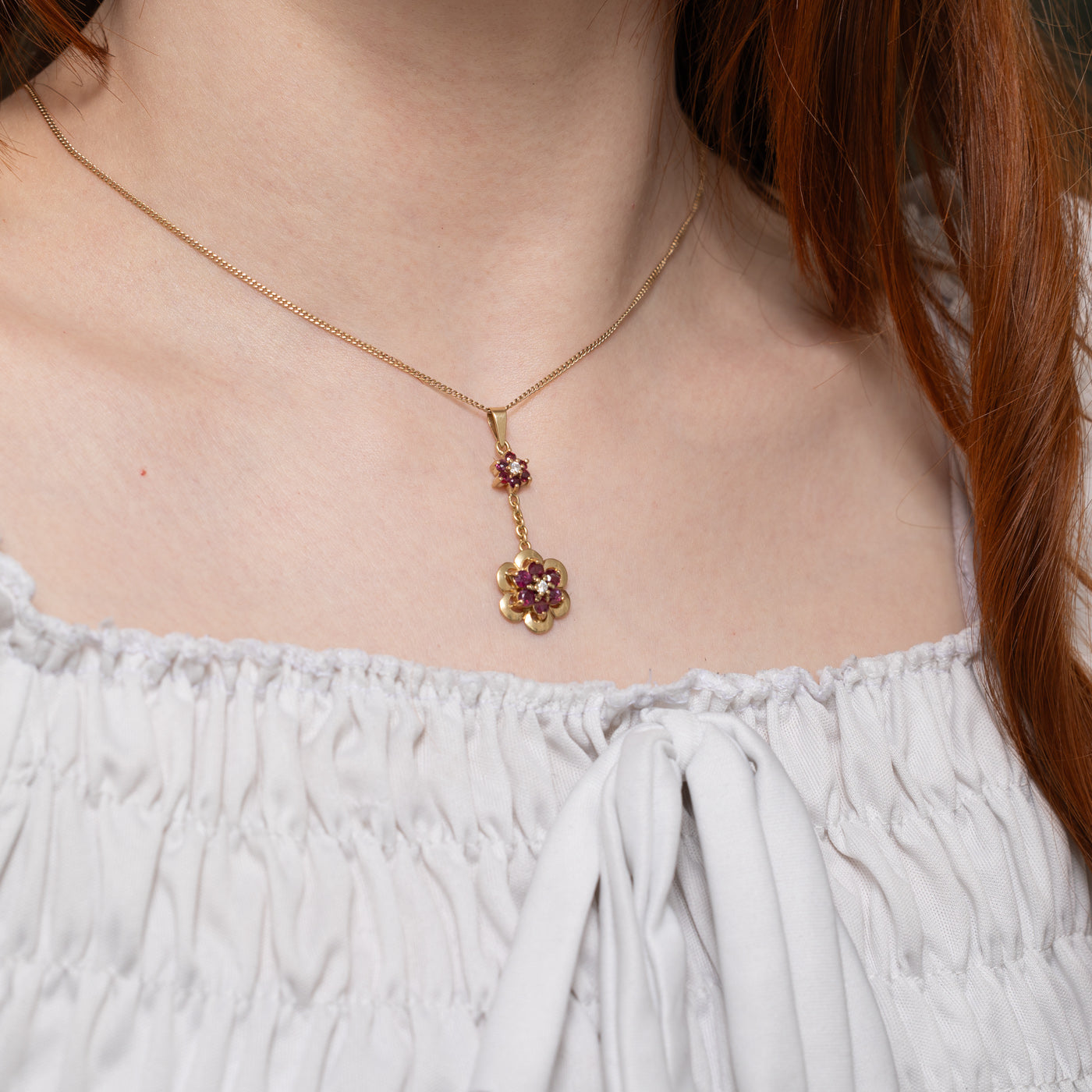 18k Ruby & Diamond Double Floral Cluster Drop Pendant | 0.81ct, 0.07ctw
