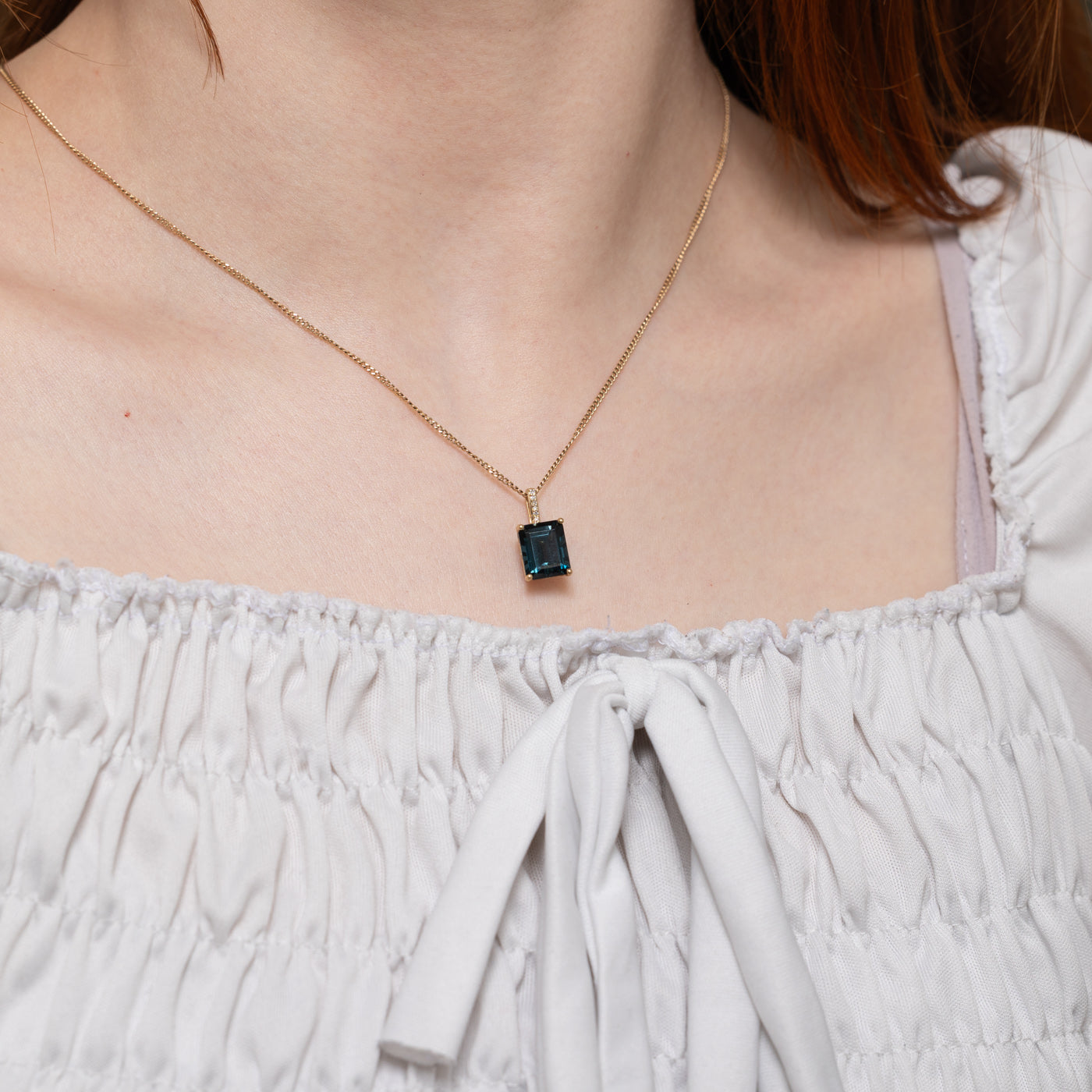 10k Step Cut Blue Tourmaline & Diamond Pendant | 3.40ct, 0.007ctw