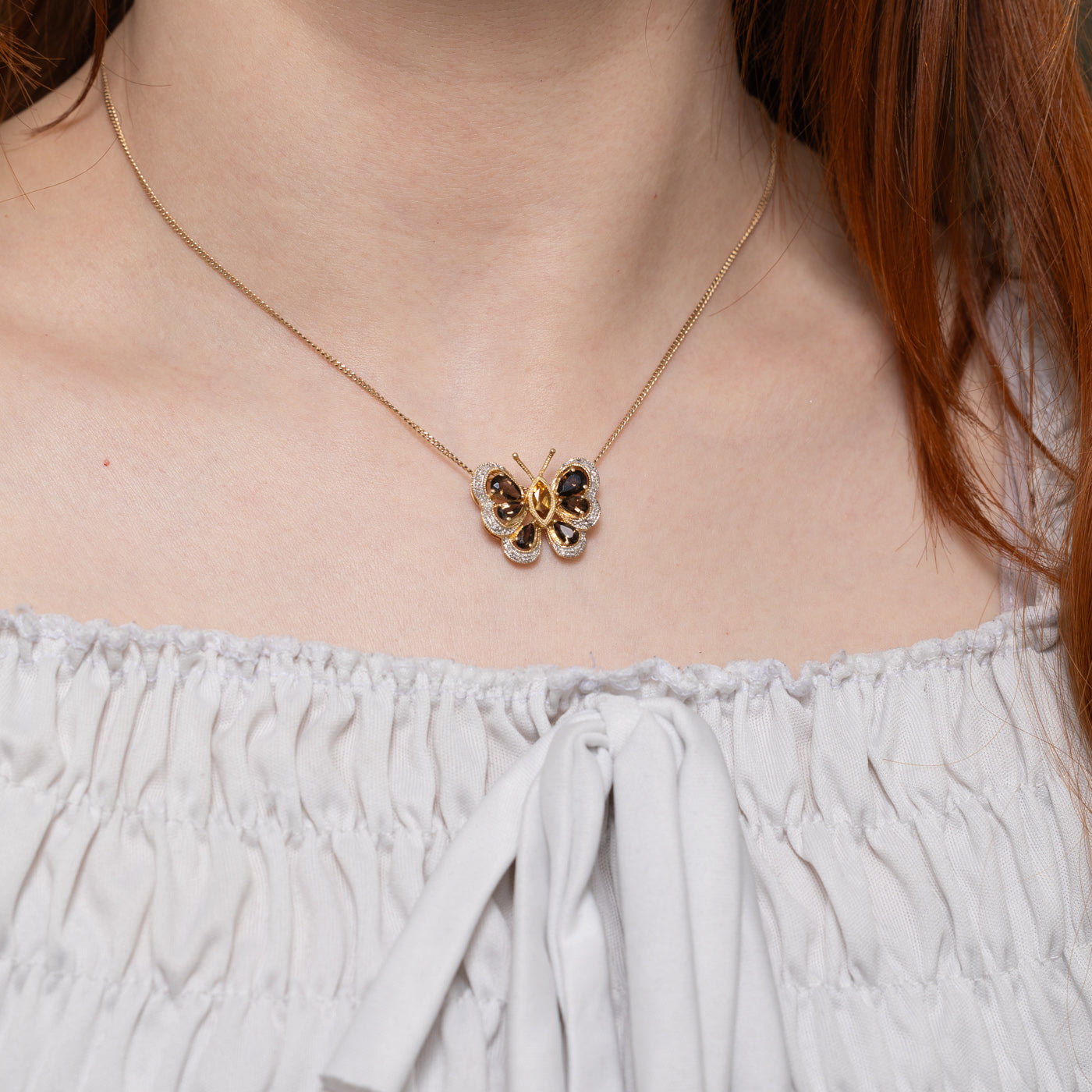 14k Citrine, Smoky Quartz & Diamond Butterfly Pendant | 1.34ctw, 0.03ctw