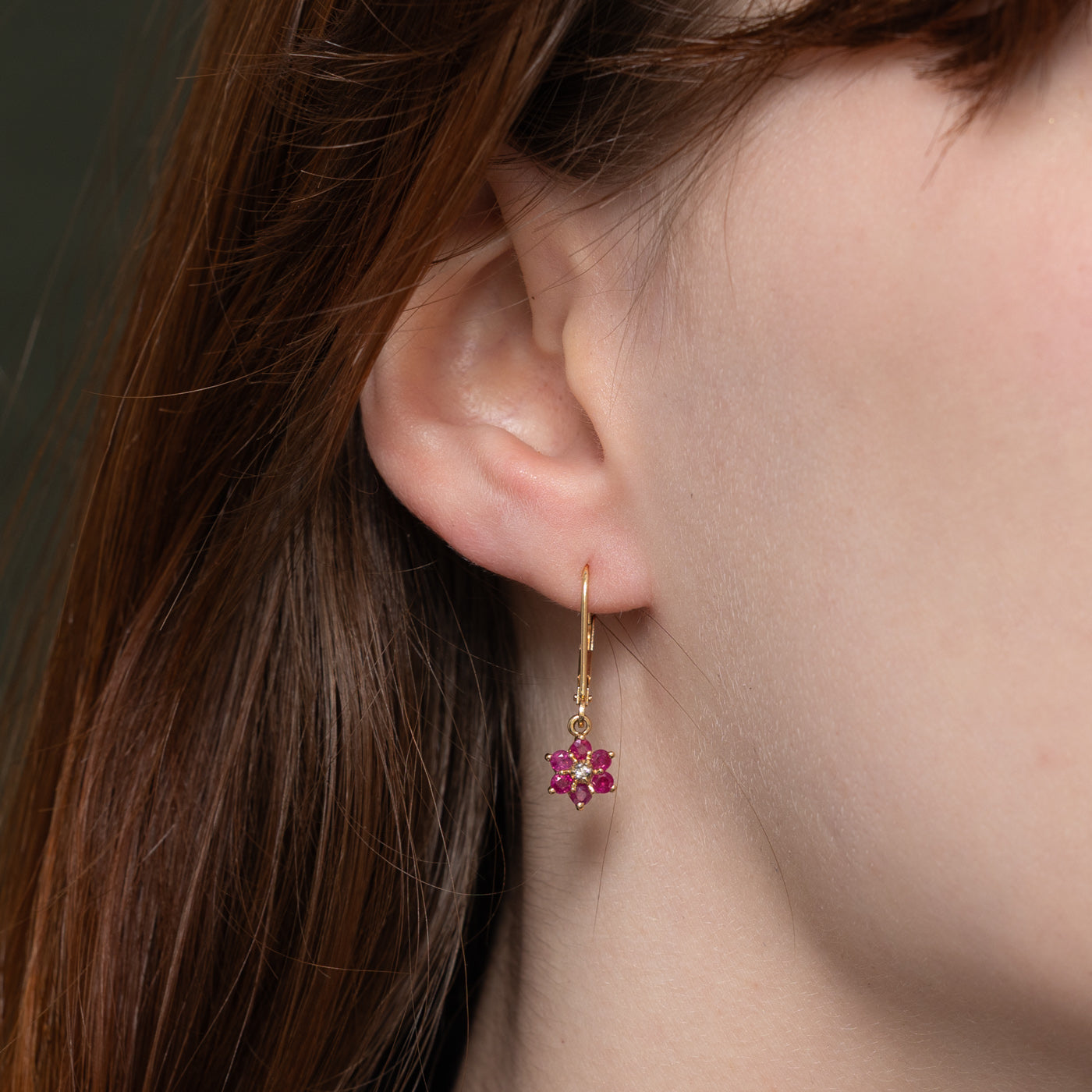 14k Synthetic Ruby & Diamond Floral Cluster Drop Earrings | 0.42ct, 0.01ctw