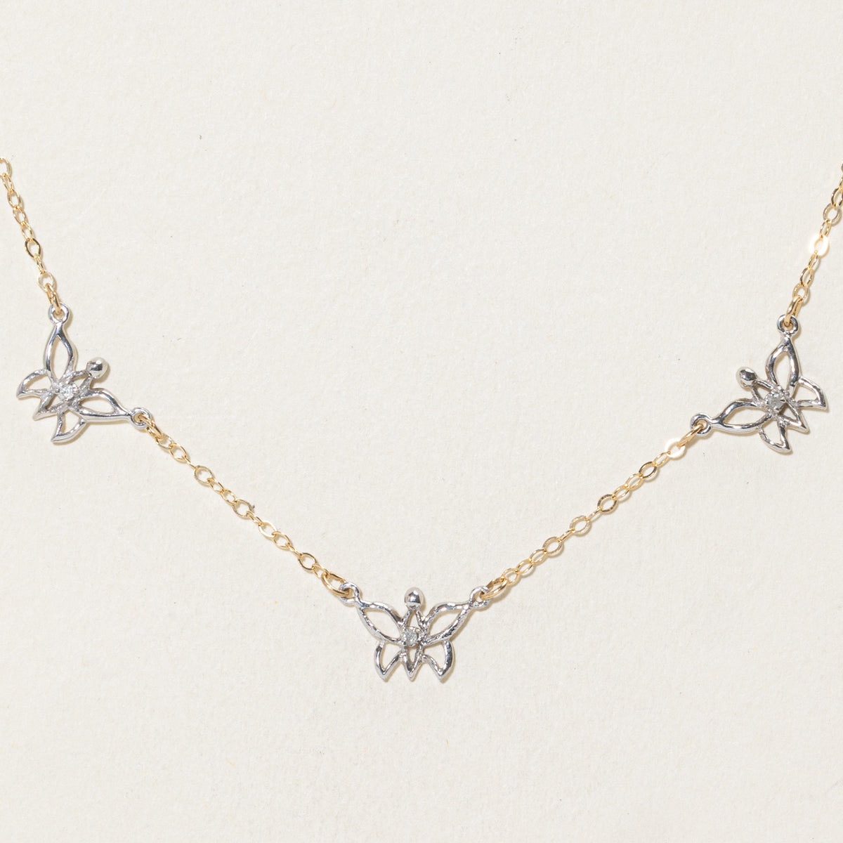 14k Two Tone Diamond Satellite Butterfly Pendant Necklace | 15"