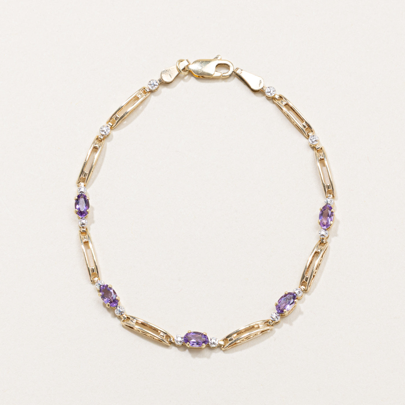 Five Stone Oval Cut Amethyst & Diamond Gemstone Bracelet | 7"