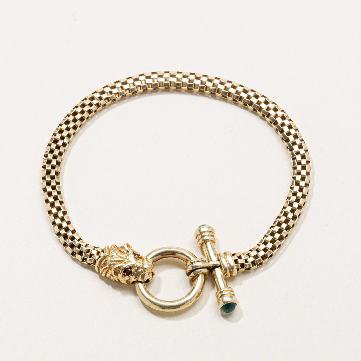 Lion Head Ruby & Emerald Toggle Chain Bracelet | 7"